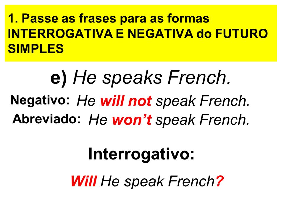 e) He speaks French. Interrogativo: He will not speak French.