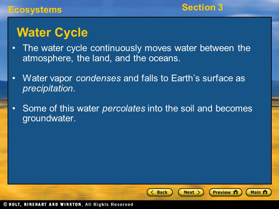 Water Cycle The water cycle continuously moves water between the atmosphere, the land, and the oceans.