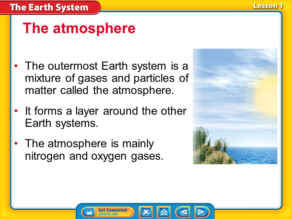 The atmosphere The outermost Earth system is a mixture of gases and particles of matter called the atmosphere.