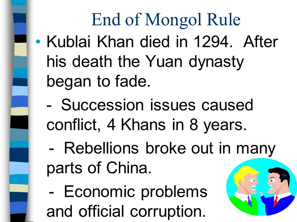 End of Mongol Rule Kublai Khan died in After his death the Yuan dynasty began to fade.