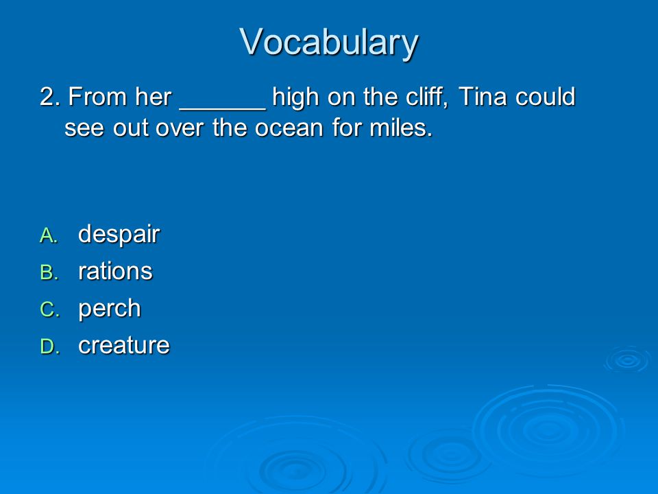 Vocabulary 2. From her ______ high on the cliff, Tina could see out over the ocean for miles. despair.