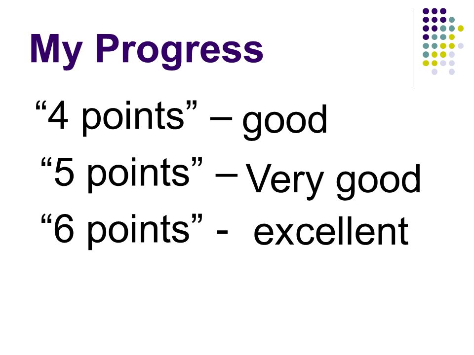 My Progress good 5 points – 6 points - Very good excellent