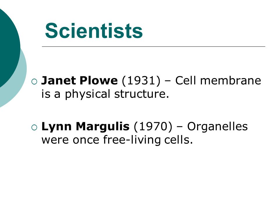 Scientists Janet Plowe (1931) – Cell membrane is a physical structure.