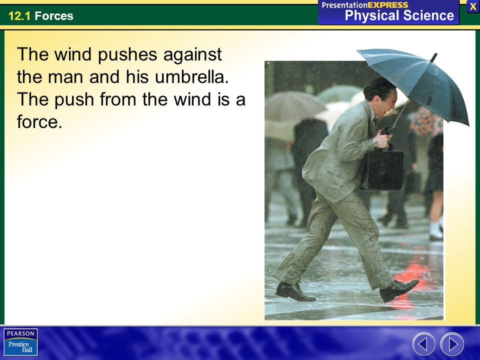 The wind pushes against the man and his umbrella