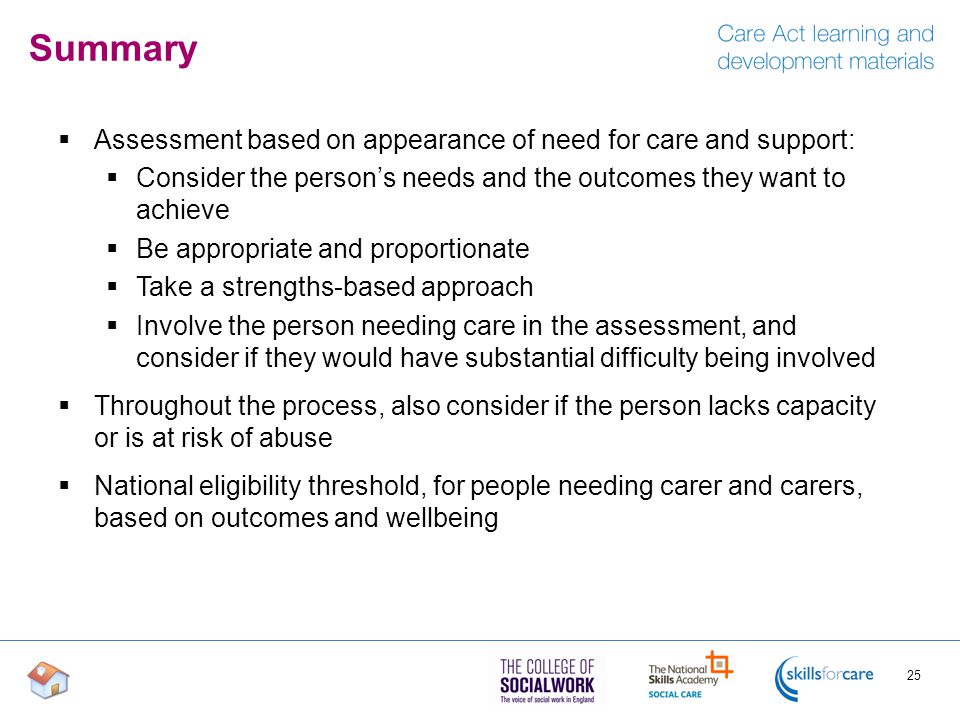 Summary Assessment based on appearance of need for care and support:
