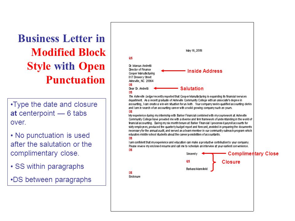 Business Letter in Modified Block Style with Open Punctuation