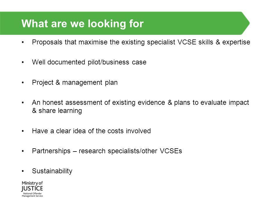 What are we looking for Proposals that maximise the existing specialist VCSE skills & expertise. Well documented pilot/business case.