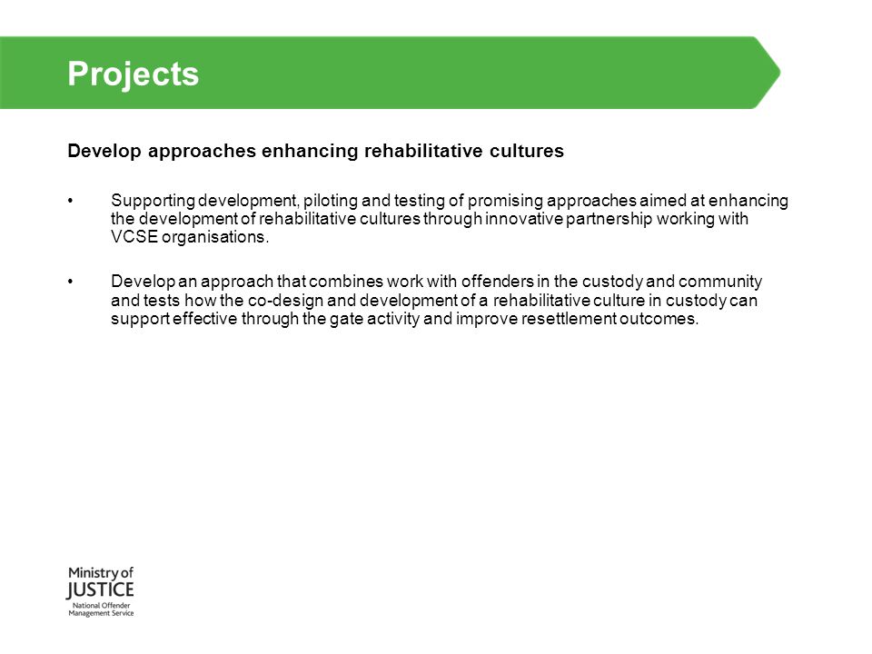 Projects Develop approaches enhancing rehabilitative cultures