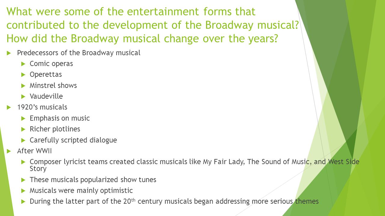 What were some of the entertainment forms that contributed to the development of the Broadway musical How did the Broadway musical change over the years