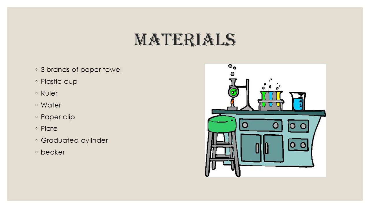 Materials 3 brands of paper towel Plastic cup Ruler Water Paper clip