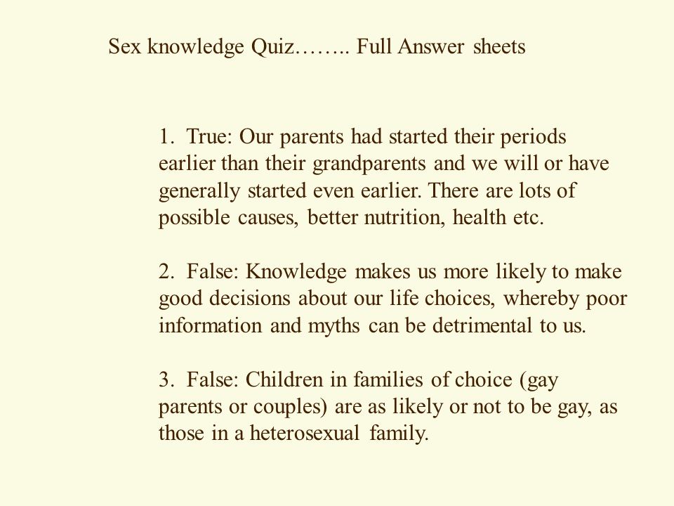 Sex knowledge Quiz…….. Full Answer sheets