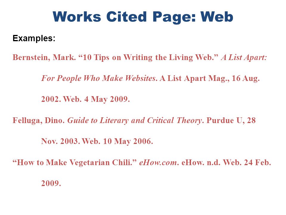 Works Cited Page: Web Examples: