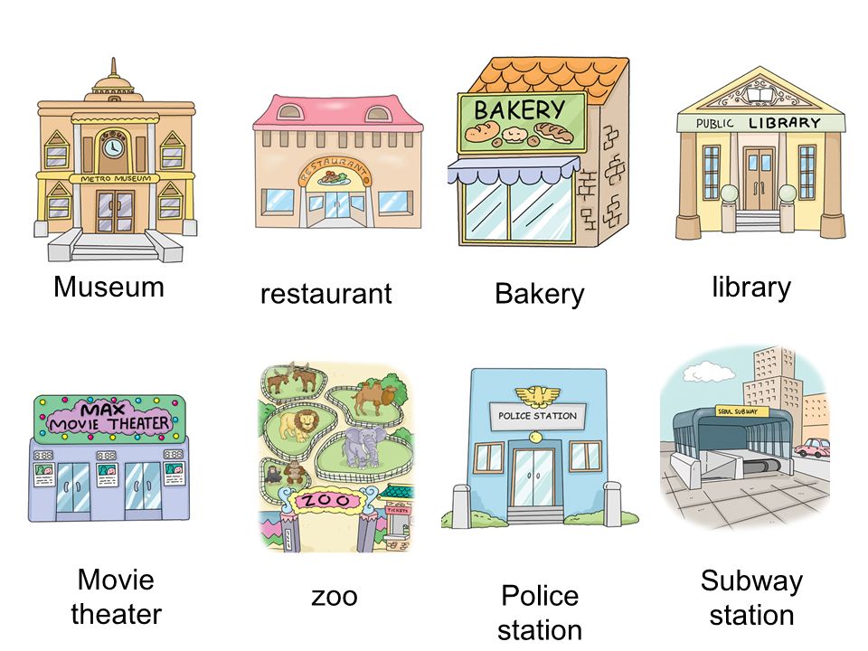 Museum library restaurant Bakery Movie theater Subway station zoo Police station