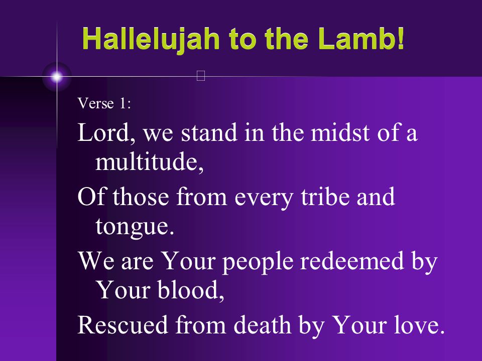 Hallelujah to the Lamb! Lord, we stand in the midst of a multitude,