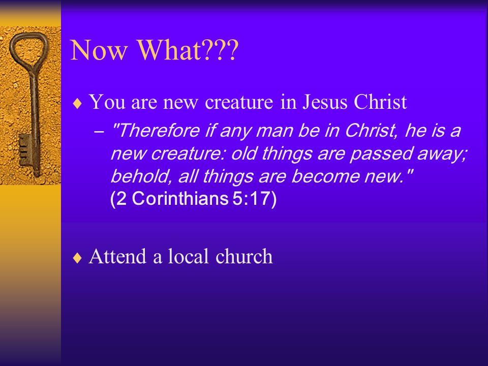 Now What You are new creature in Jesus Christ Attend a local church
