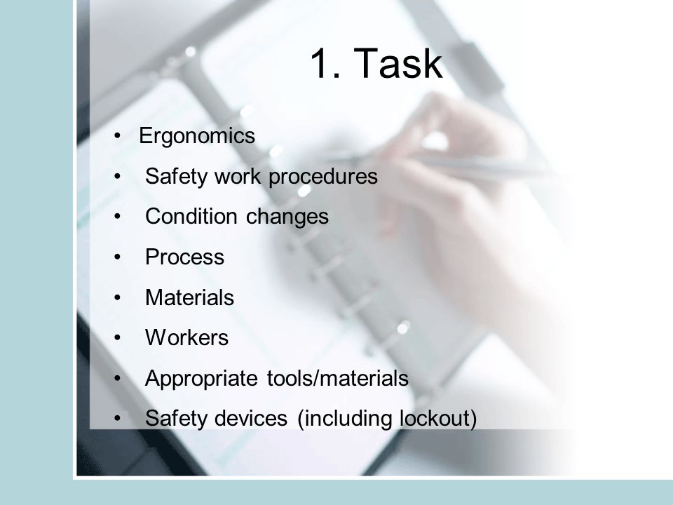 1. Task Ergonomics Safety work procedures Condition changes Process