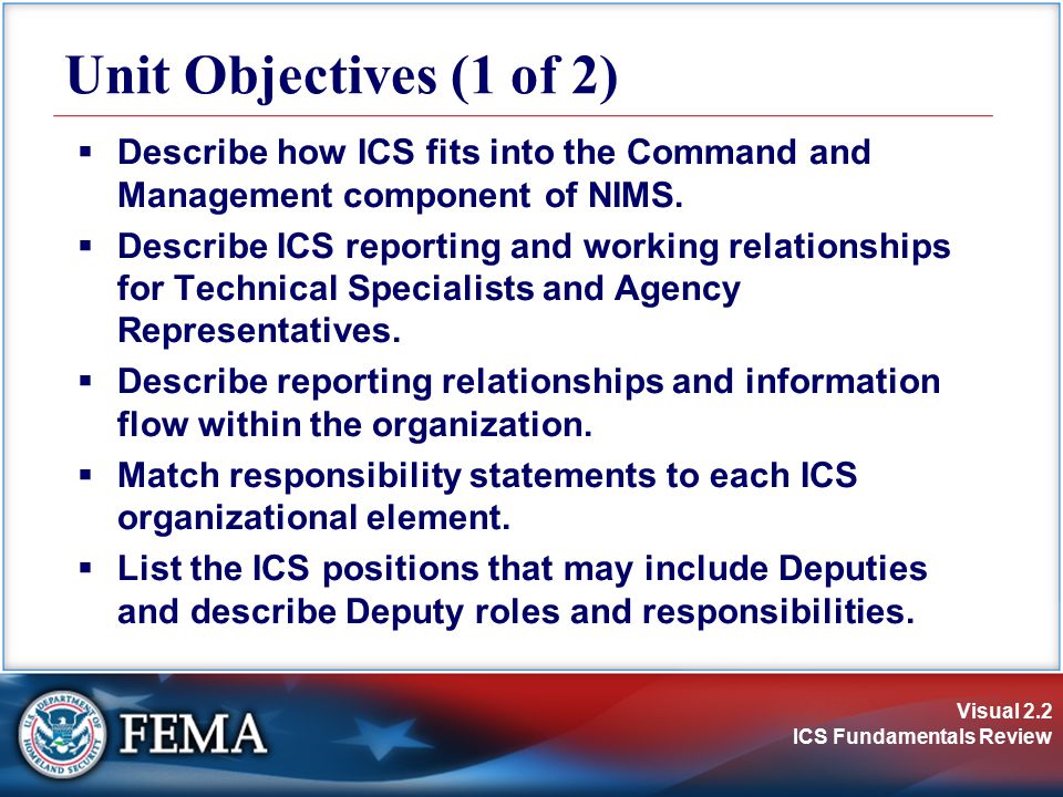 Unit Objectives (1 of 2) Describe how ICS fits into the Command and Management component of NIMS.