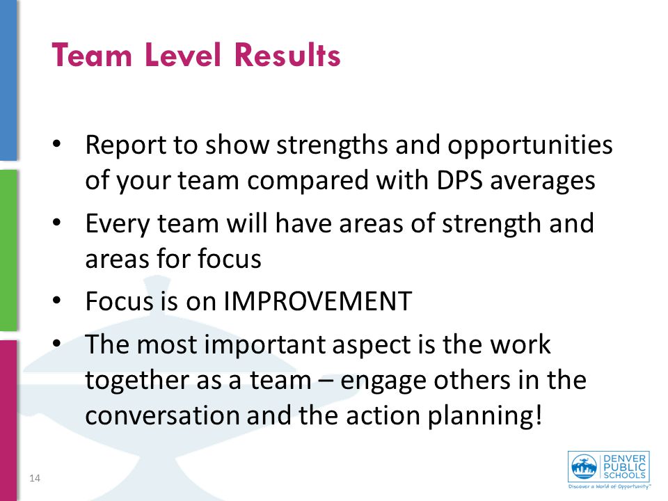 Team Level Results Report to show strengths and opportunities of your team compared with DPS averages.