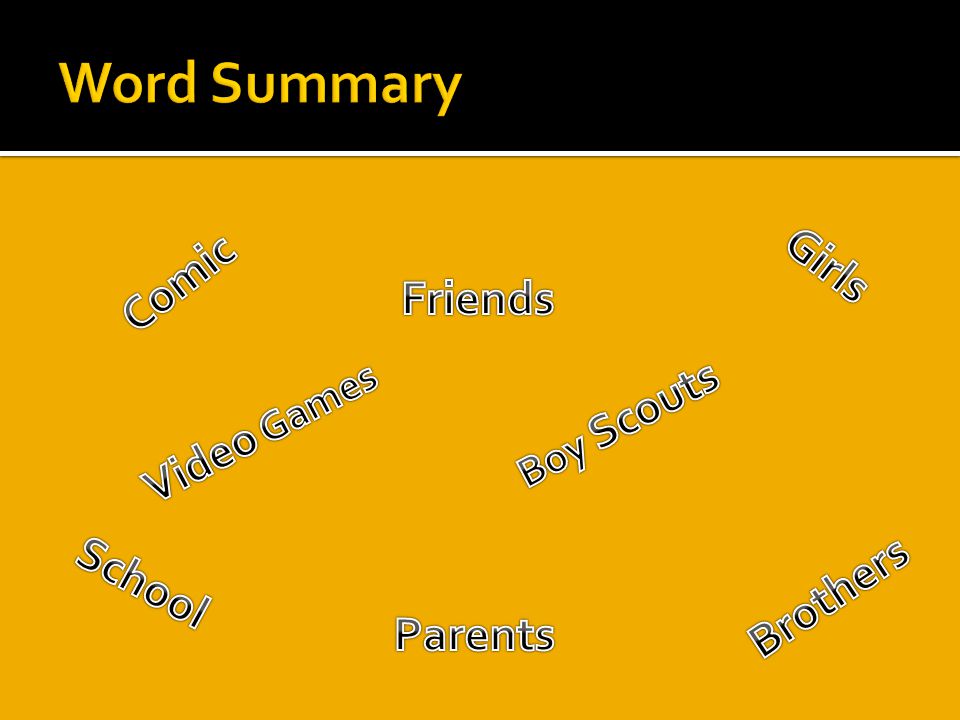 Word Summary Girls Comic Friends Video Games School Brothers Parents