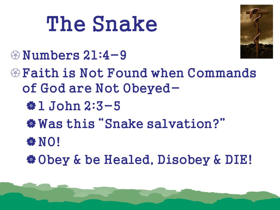 The Snake Numbers 21:4-9. Faith is Not Found when Commands of God are Not Obeyed- 1 John 2:3-5. Was this Snake salvation