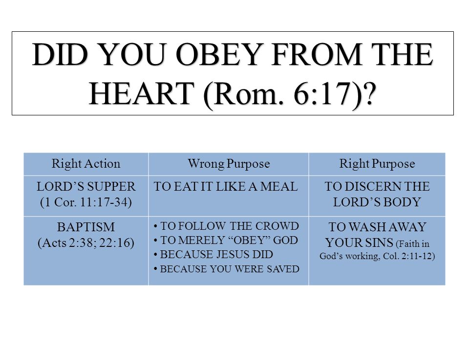DID YOU OBEY FROM THE HEART (Rom. 6:17)