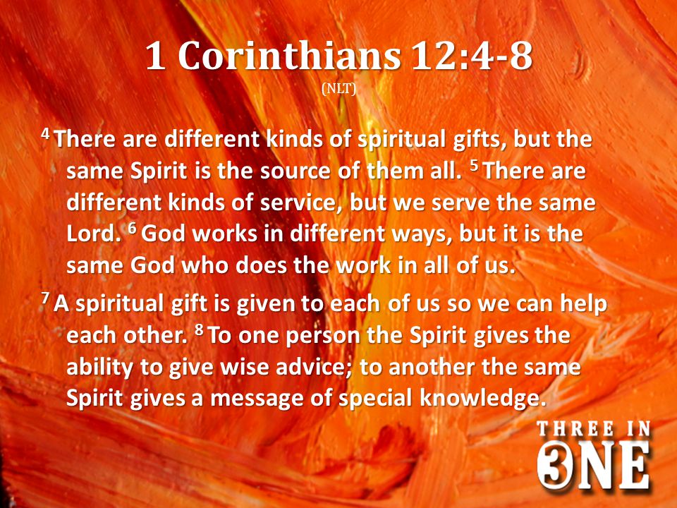 1 Corinthians 12:4-8 (NLT)