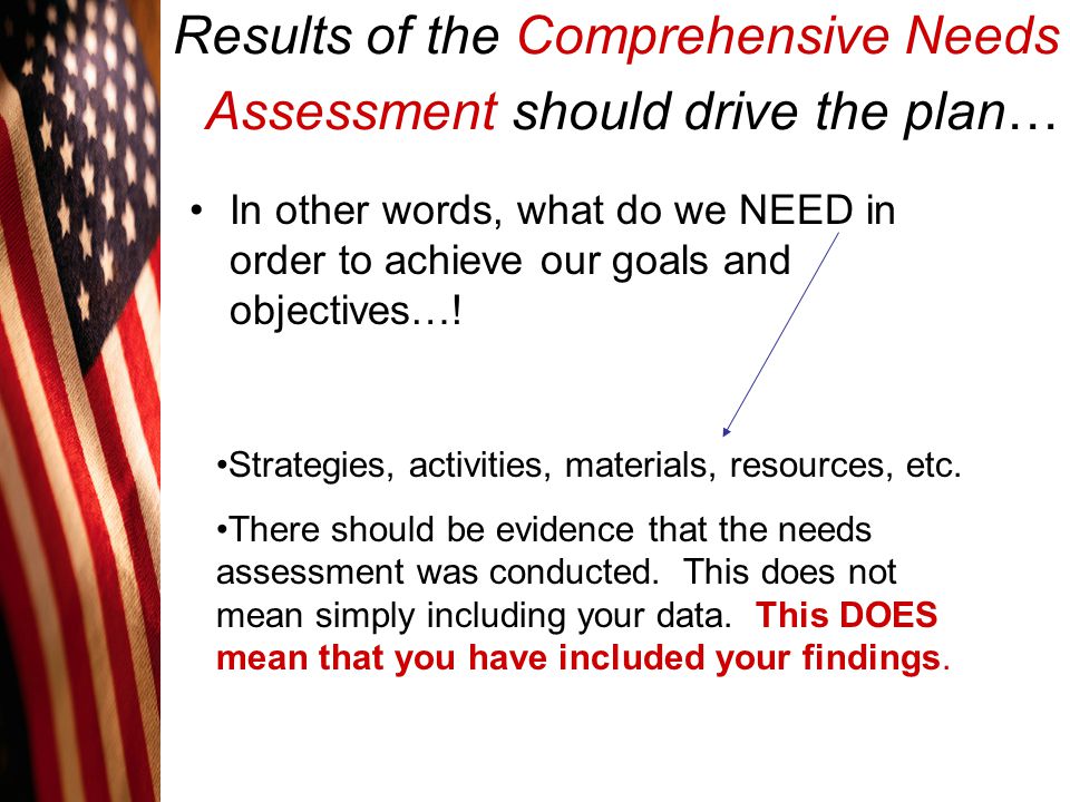 Results of the Comprehensive Needs Assessment should drive the plan…
