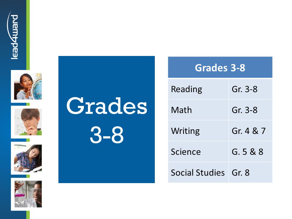 Grades 3-8 Grades 3-8 Reading Gr. 3-8 Math Writing Gr. 4 & 7 Science