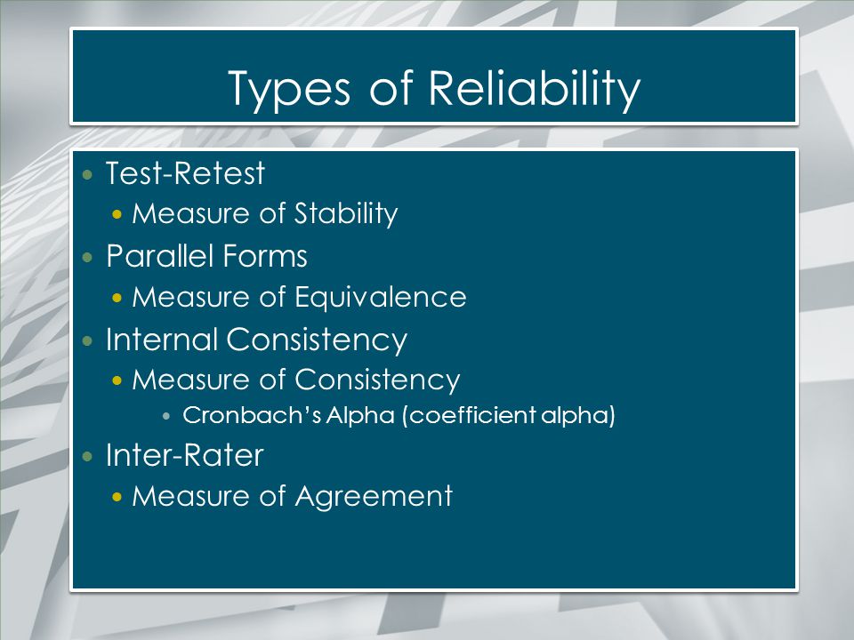 Types of Reliability Test-Retest Parallel Forms Internal Consistency