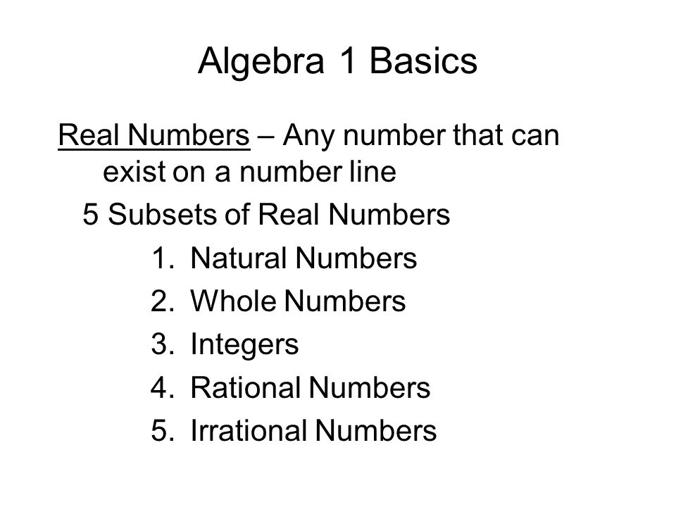 Algebra 1 Basics Real Numbers – Any number that can exist on a number line. 5 Subsets of Real Numbers.