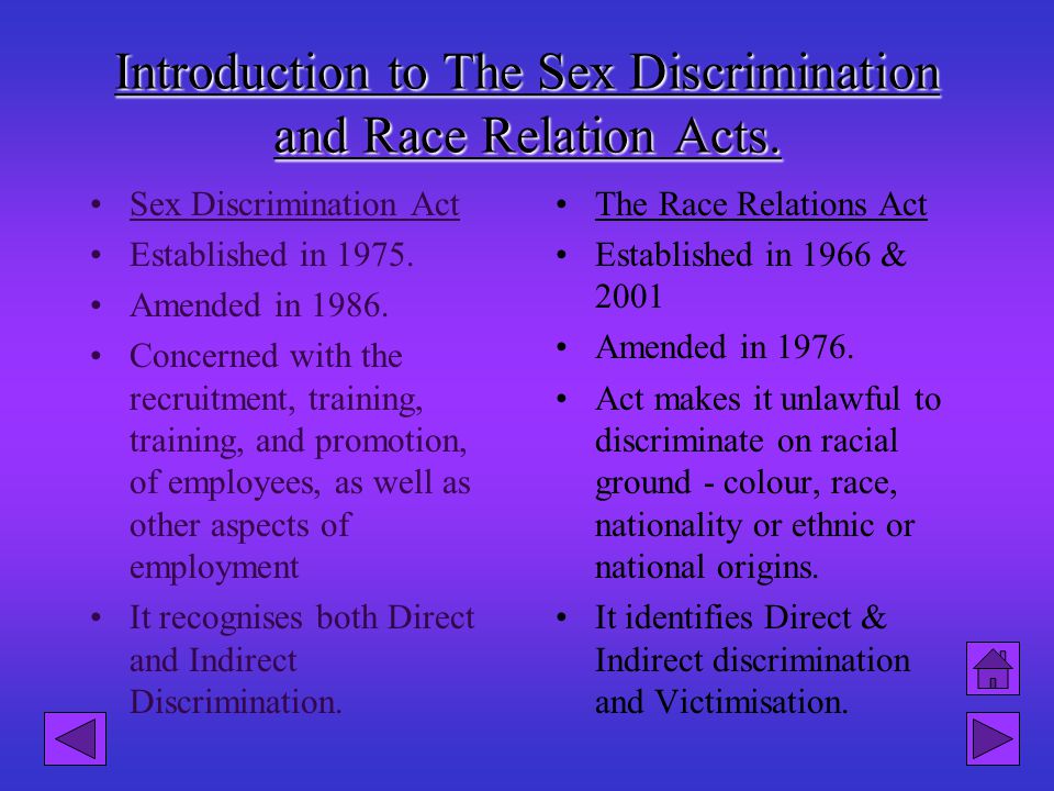 Introduction to The Sex Discrimination and Race Relation Acts.