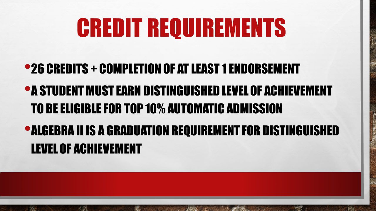 Credit Requirements 26 credits + completion of at least 1 endorsement