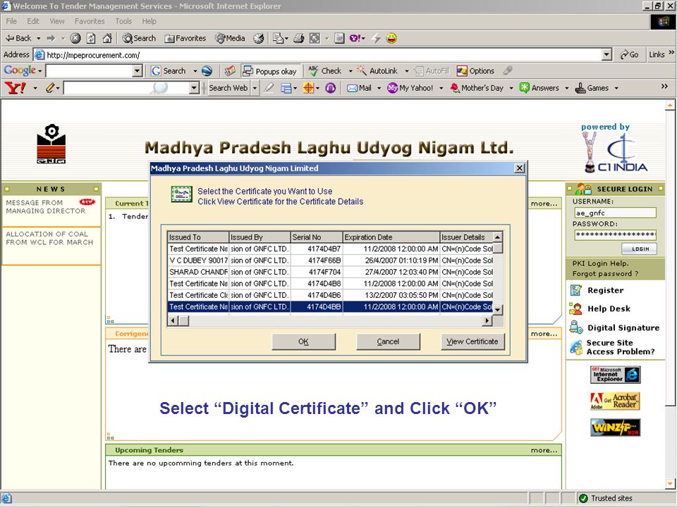 Select Digital Certificate and Click OK