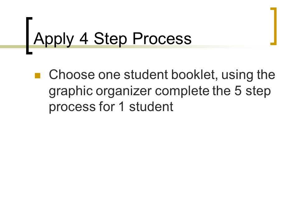 Apply 4 Step Process Choose one student booklet, using the graphic organizer complete the 5 step process for 1 student.