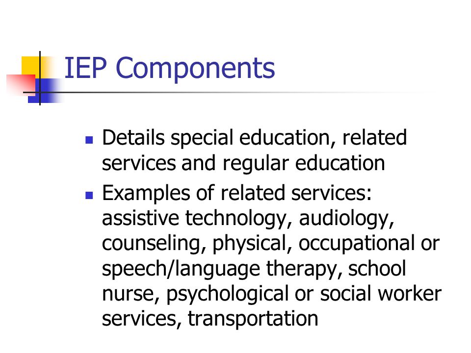 IEP Components Details special education, related services and regular education.