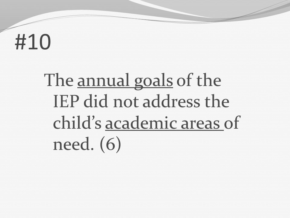 #10 The annual goals of the IEP did not address the child’s academic areas of need. (6)