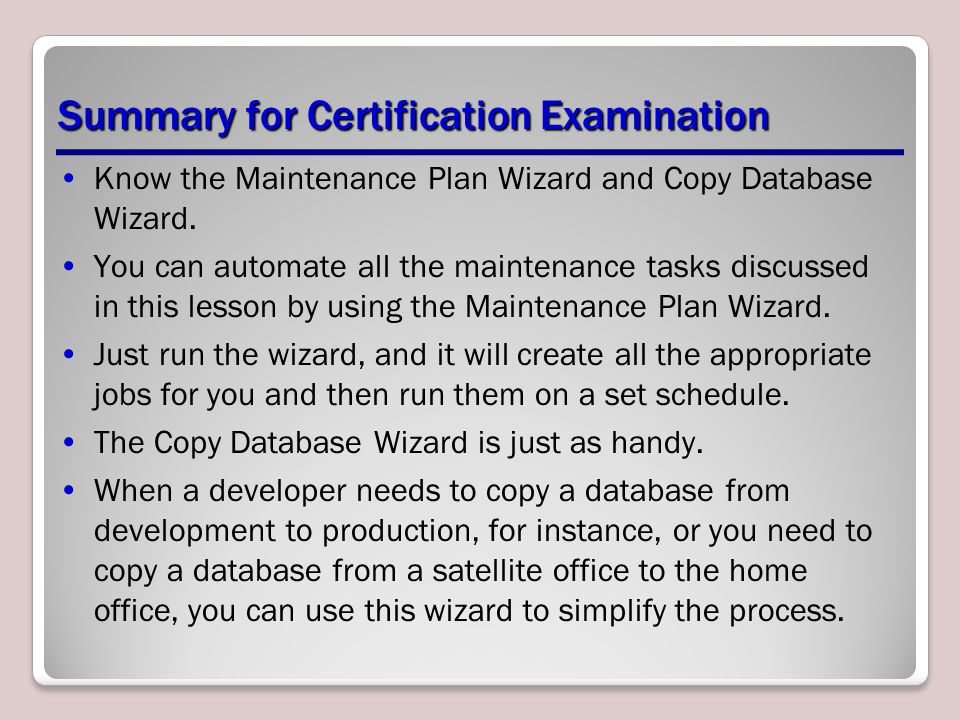 Summary for Certification Examination