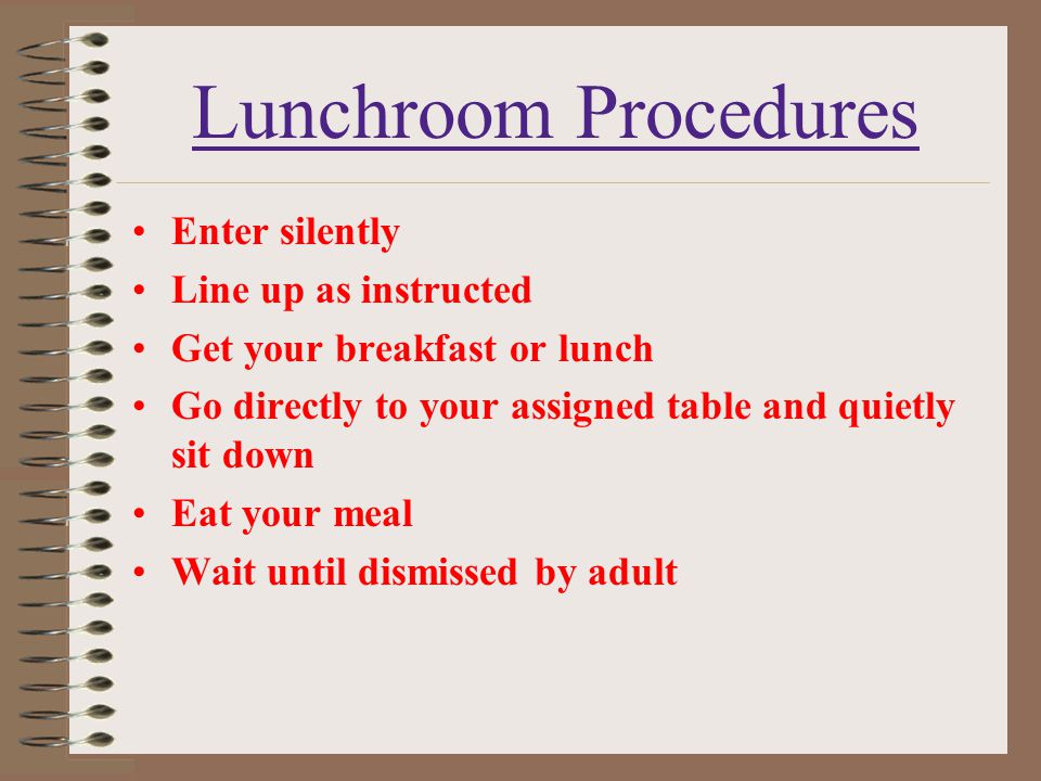 Lunchroom Procedures Enter silently Line up as instructed