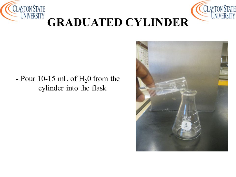 - Pour mL of H20 from the cylinder into the flask