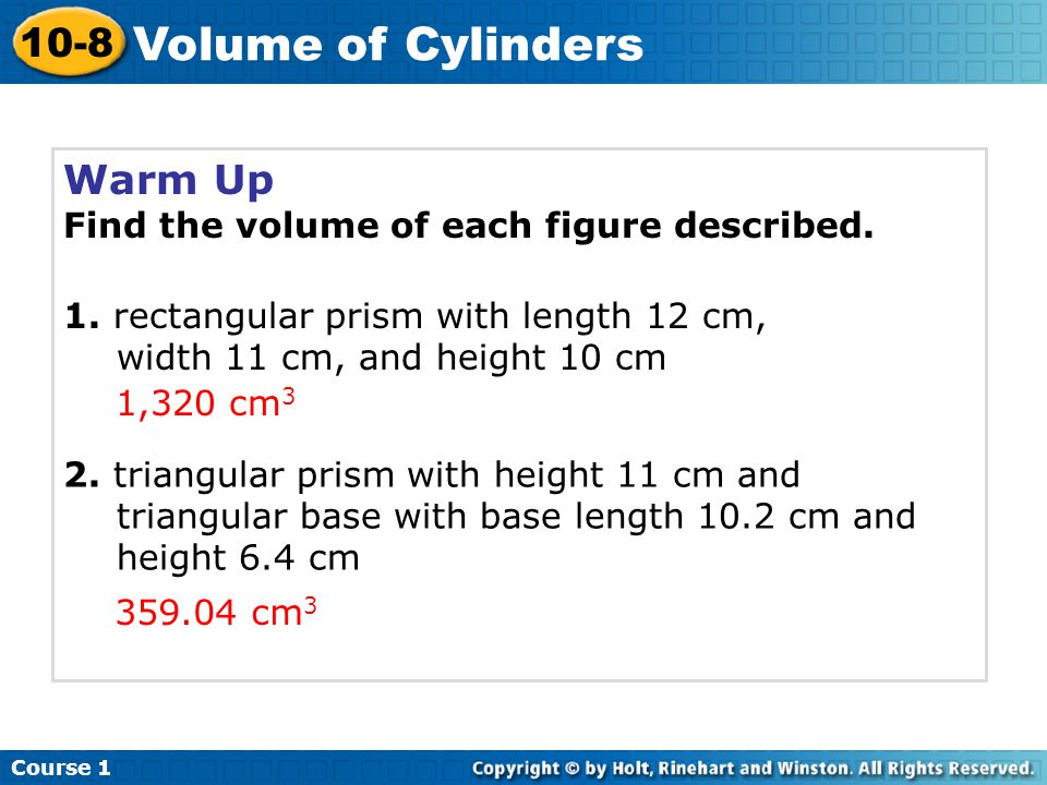 Volume of Cylinders 10-8 Warm Up
