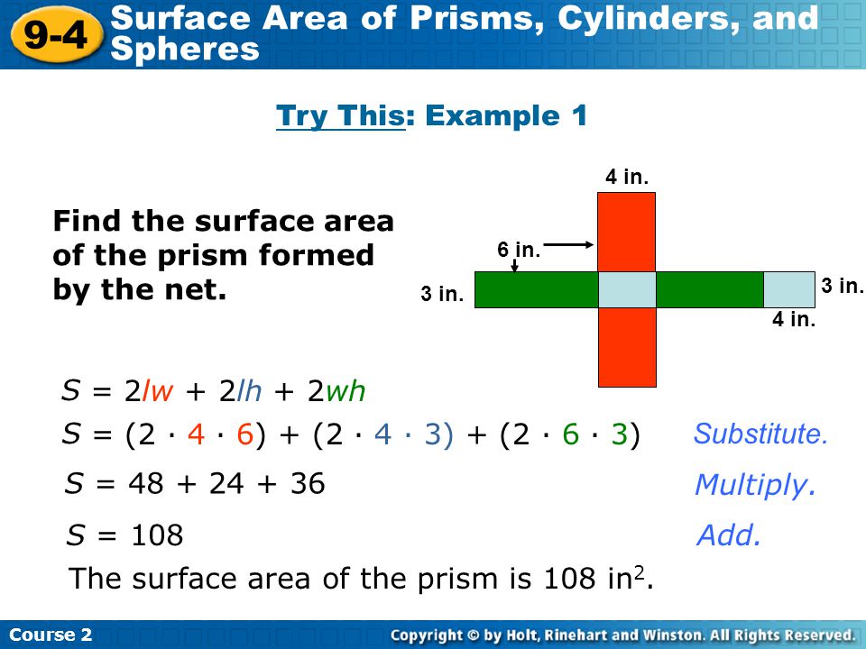 9-4 Surface Area of Prisms, Cylinders, and Spheres Try This: Example 1