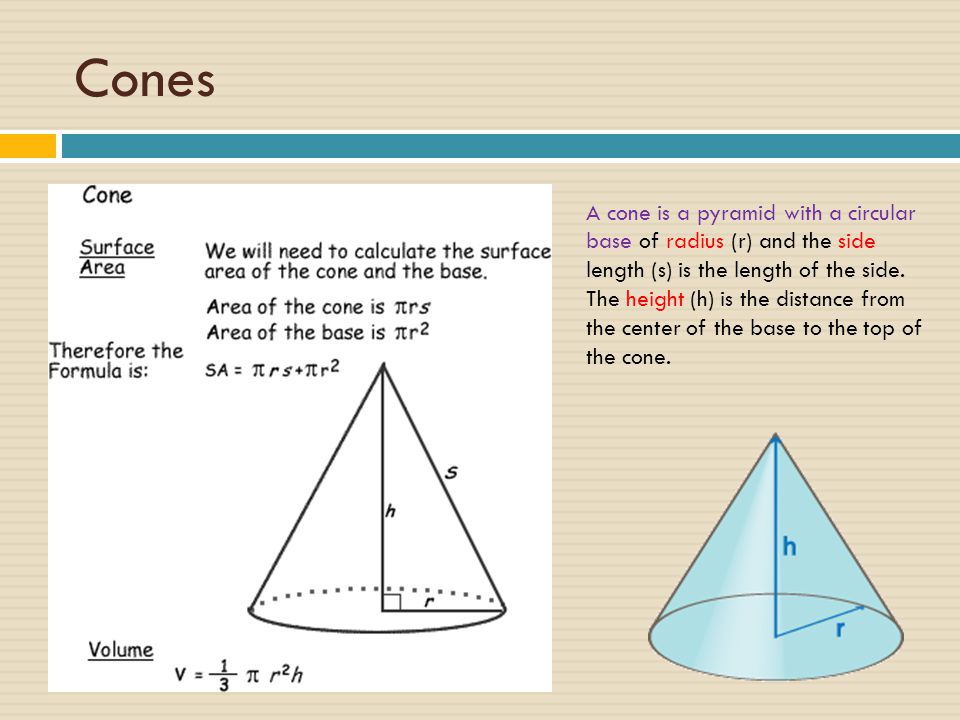 Cones A cone is a pyramid with a circular base of radius (r) and the side length (s) is the length of the side.