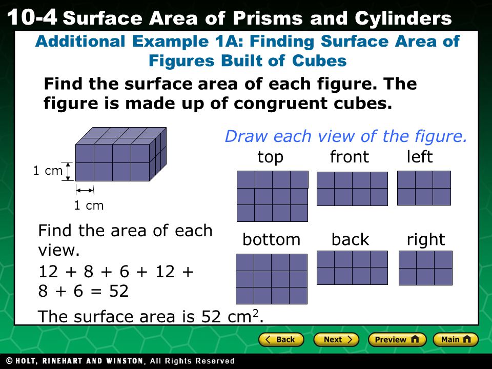 Additional Example 1A: Finding Surface Area of Figures Built of Cubes