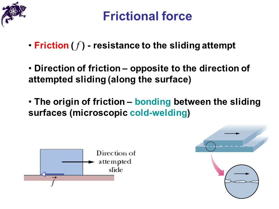Frictional force Friction ( f ) - resistance to the sliding attempt
