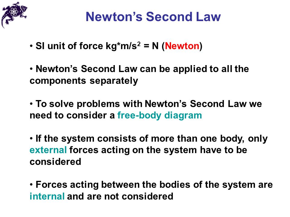Newton’s Second Law SI unit of force kg*m/s2 = N (Newton)