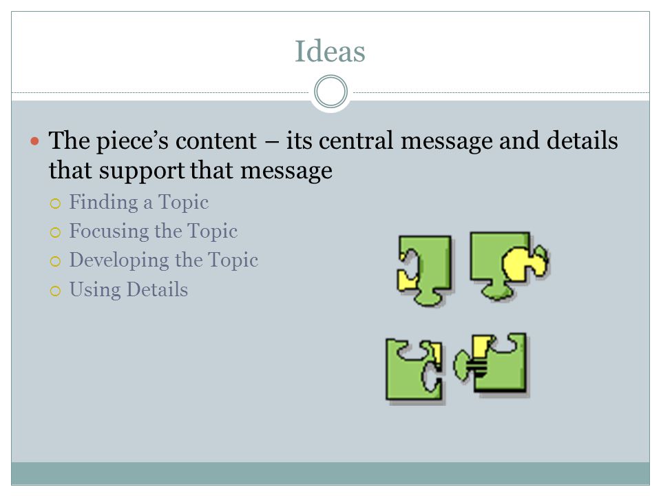 Ideas The piece’s content – its central message and details that support that message. Finding a Topic.