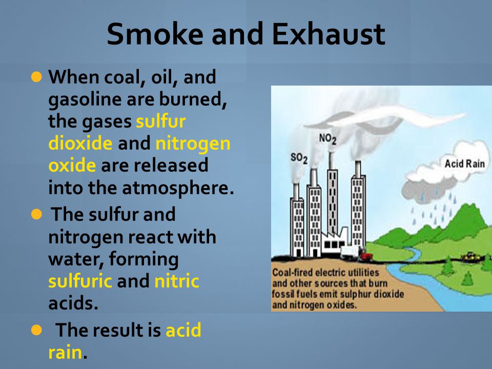 Smoke and Exhaust When coal, oil, and gasoline are burned, the gases sulfur dioxide and nitrogen oxide are released into the atmosphere.