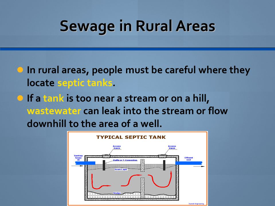 Sewage in Rural Areas In rural areas, people must be careful where they locate septic tanks.
