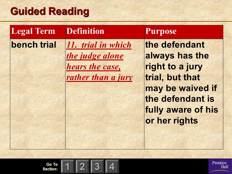 Guided Reading Legal Term Definition Purpose bench trial