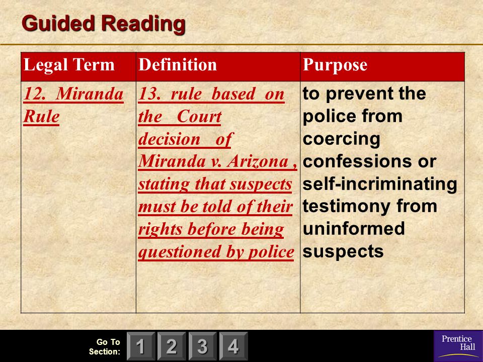 Guided Reading Legal Term Definition Purpose 12. Miranda Rule
